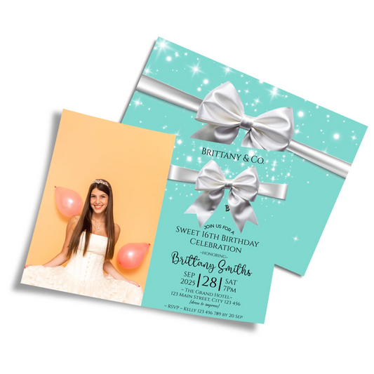 Tiffany & CO photo card invitations featuring a personalized picture frame and elegant luxury typography