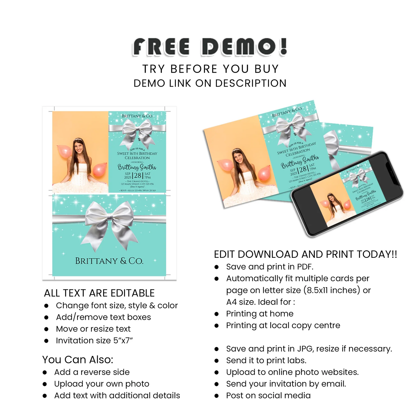 Tiffany & CO Inspired Personalized Photo Card Invitations Digital