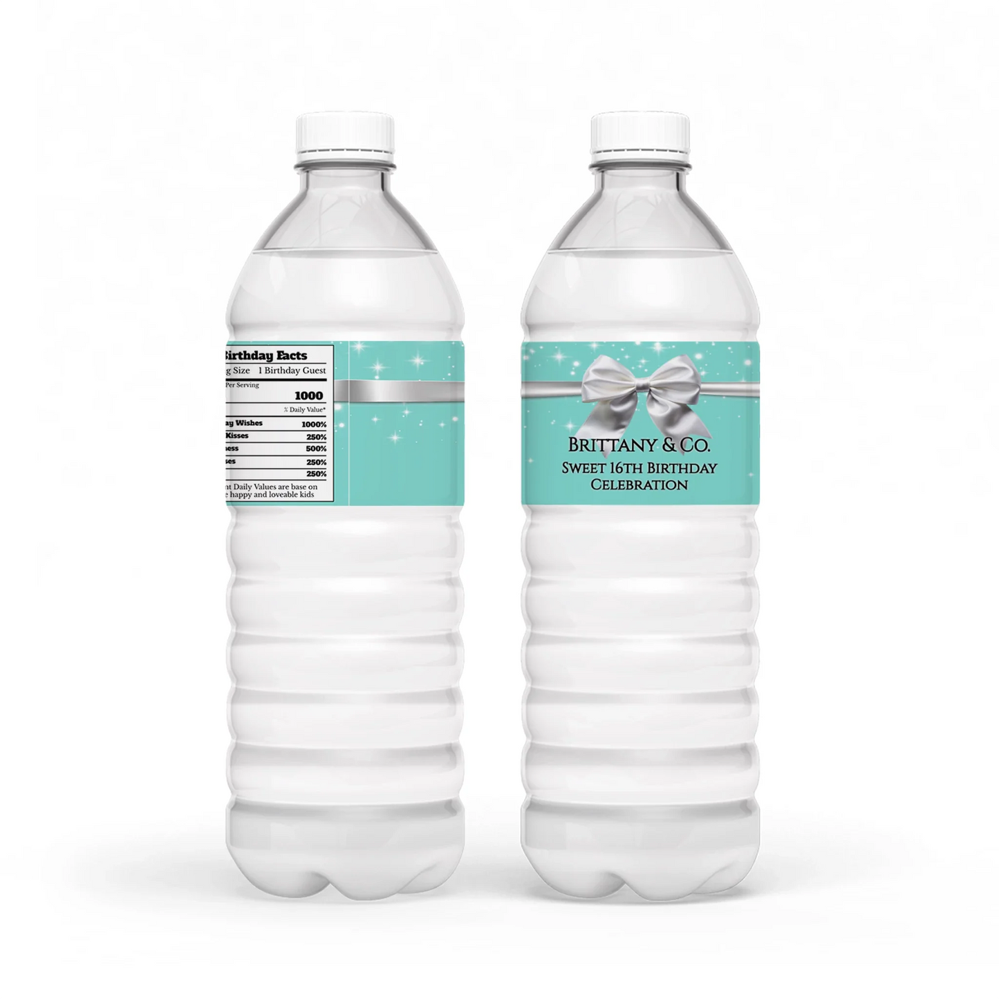 Tiffany & CO water bottle label with iconic blue background and personalized name in white script