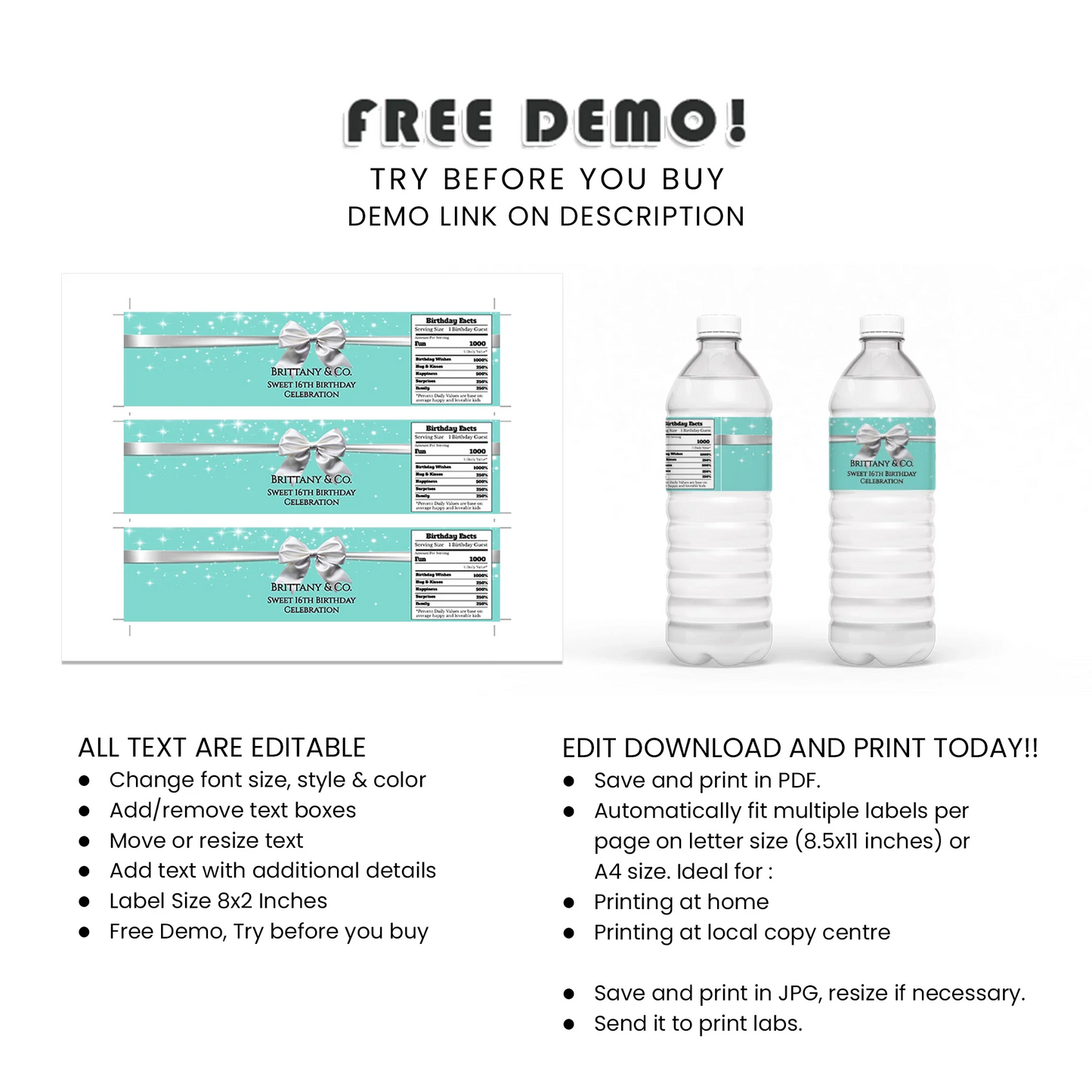 Tiffany & CO Inspired Personalized Water Bottle Label Custom Digital