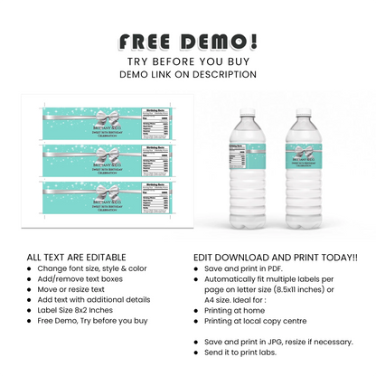 Tiffany & CO Inspired Personalized Water Bottle Label Custom Digital