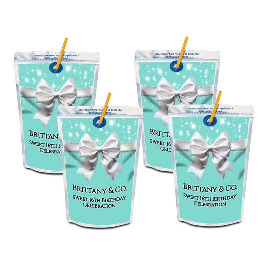 Tiffany & CO juice pouch label featuring a white bow design and custom text for a luxury birthday celebration