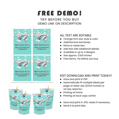 Tiffany & CO Inspired Personalized Juice Pouch Label Custom Digital