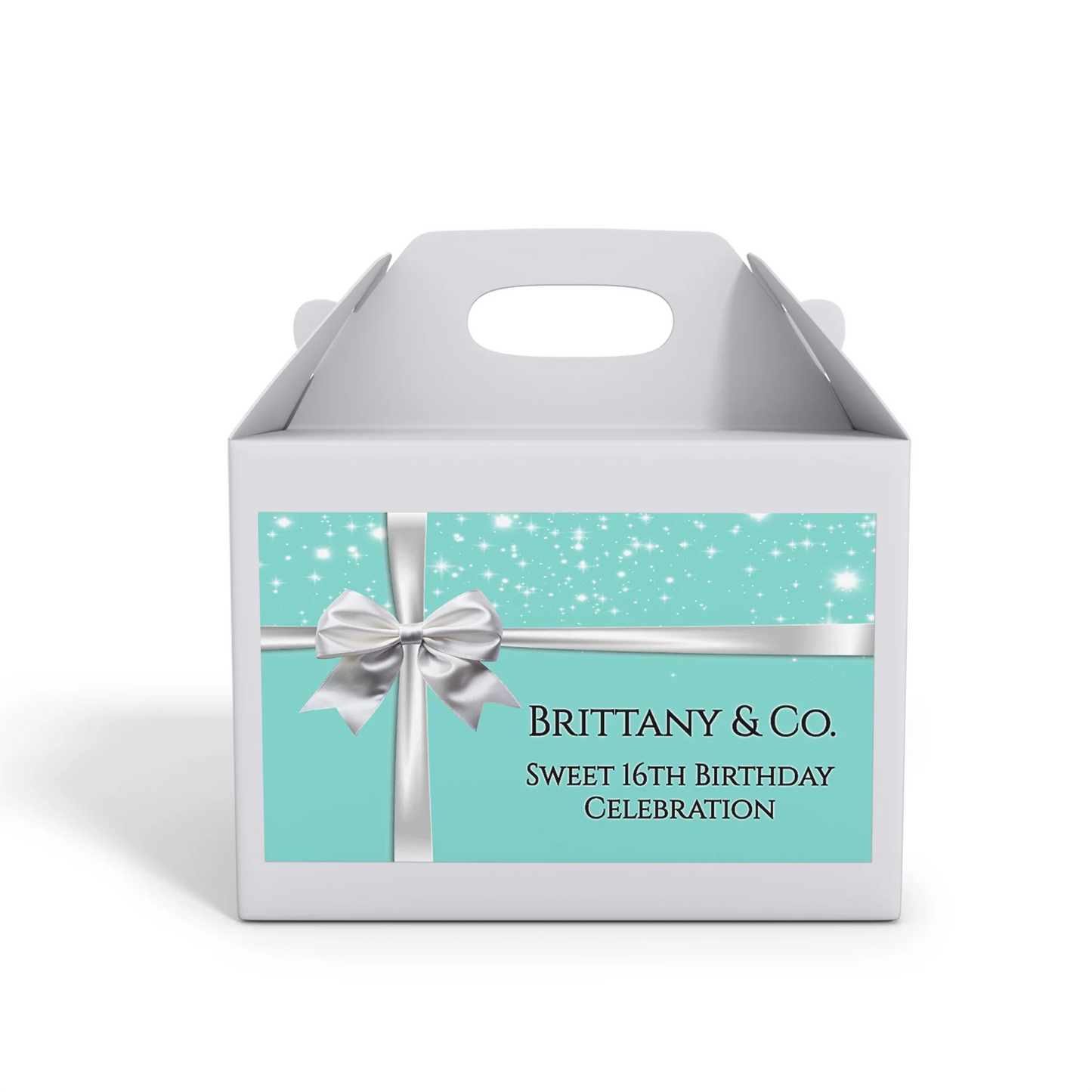 Tiffany & CO treat box label with classic blue box patterns and personalized birthday message mockup