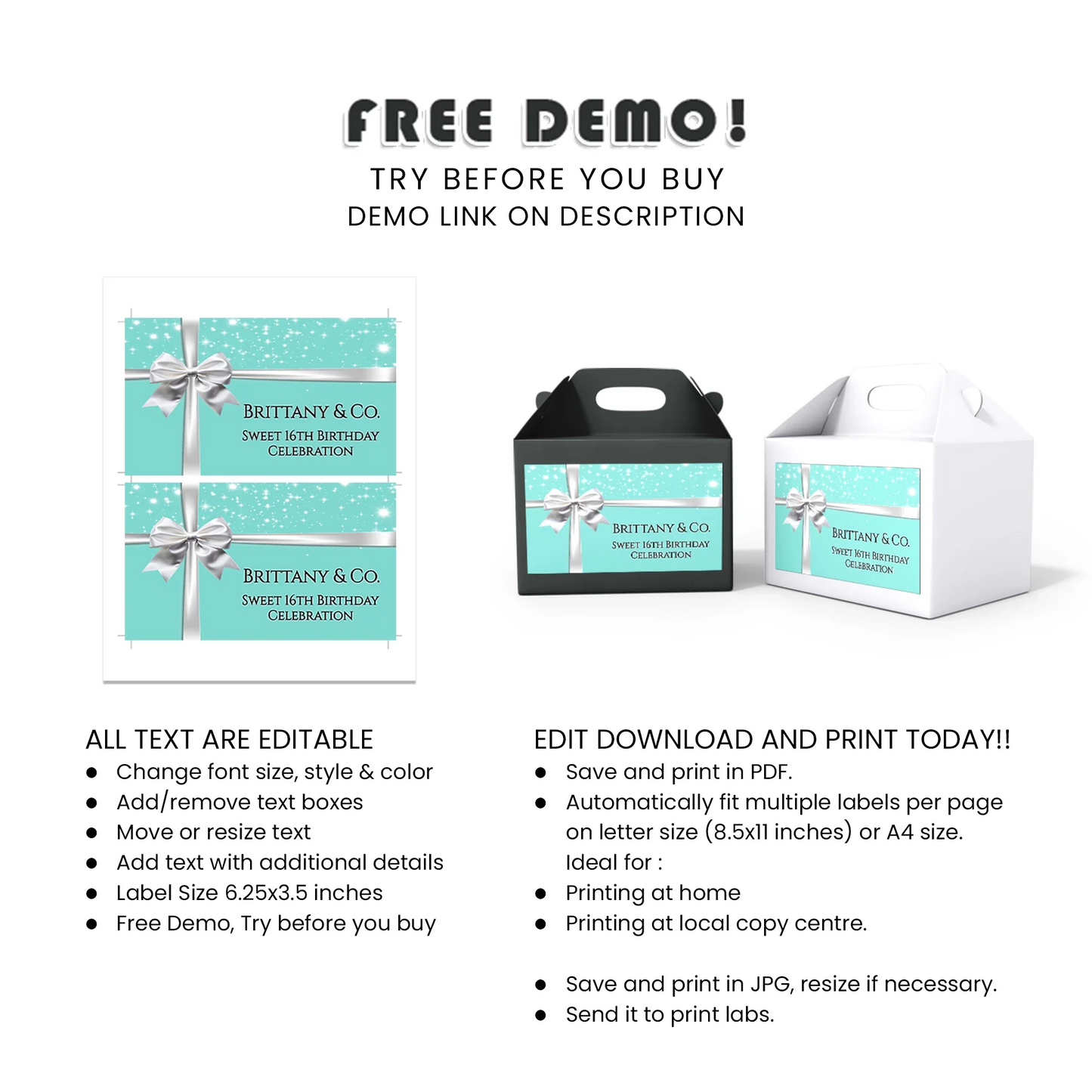 Tiffany & CO Inspired Personalized Treat Box Label Custom Printable