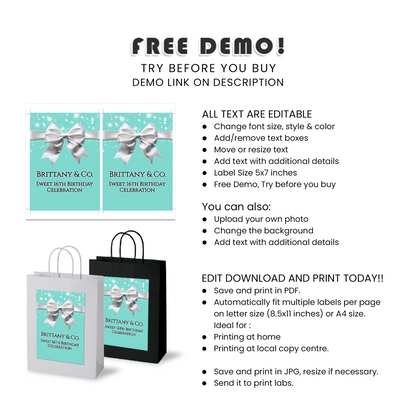 Tiffany & CO Inspired Personalized Goodie Bag Label Custom Printable