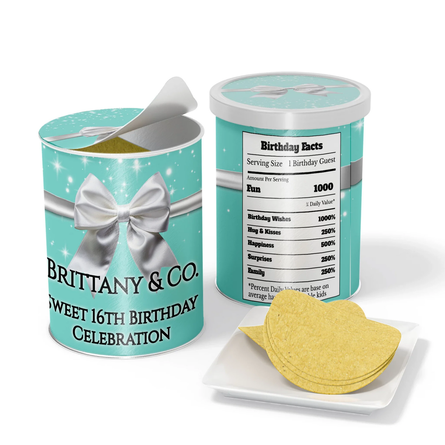 Tiffany & CO small Pringles label with teal blue background and personalized birthday name in white bold font