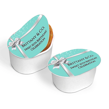 Tiffany & CO mini Pringles label with iconic blue gift box pattern and custom text for a luxury snack display