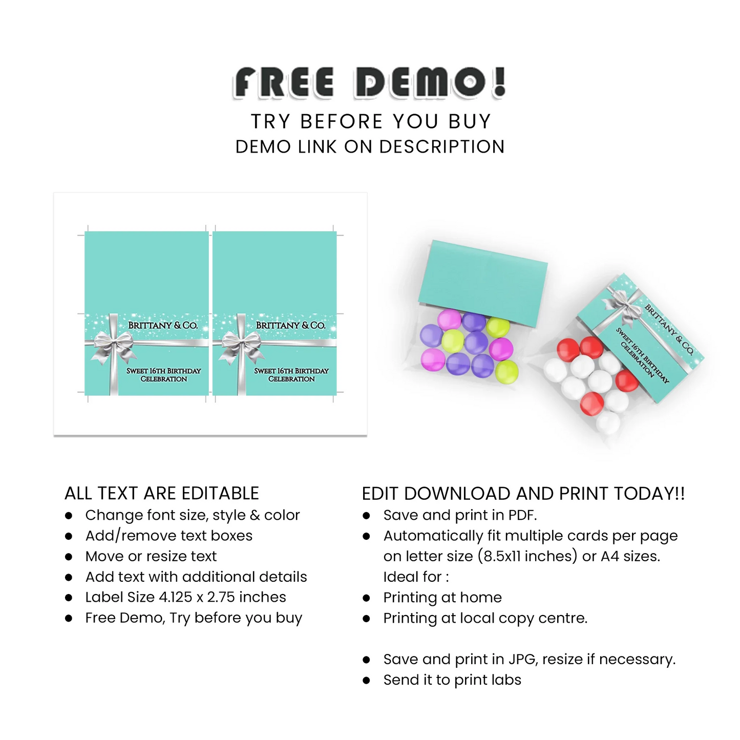 Tiffany & CO Inspired Personalized Treat Bag Topper Label Custom DIY