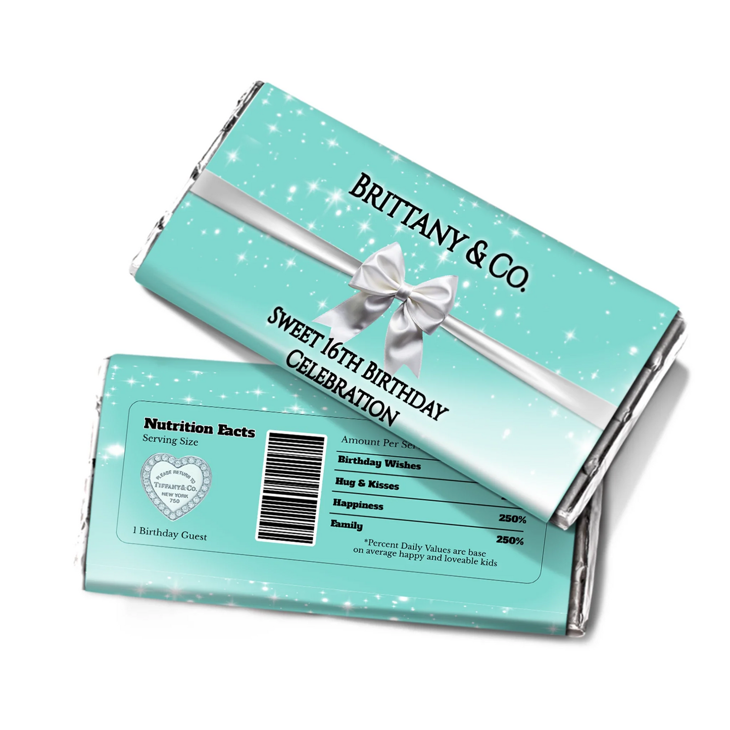 Tiffany & CO chocolate label with iconic blue background and custom name wrap for luxury candy favors