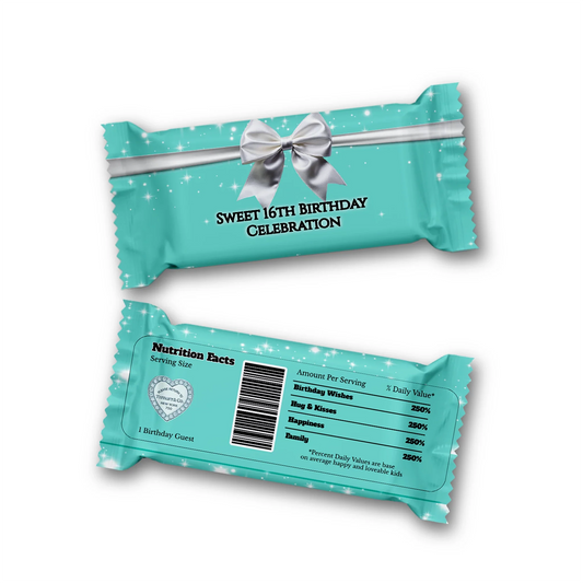 Tiffany & CO Rice Krispies and candy bar labels with teal blue ribbon design and personalized party text