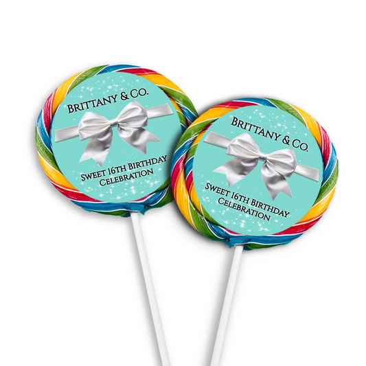 Tiffany & CO lollipop label with circular teal blue graphics and custom name for a luxury candy buffet