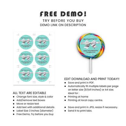Tiffany & CO Inspired Personalized Lollipop Label Custom Party Decor