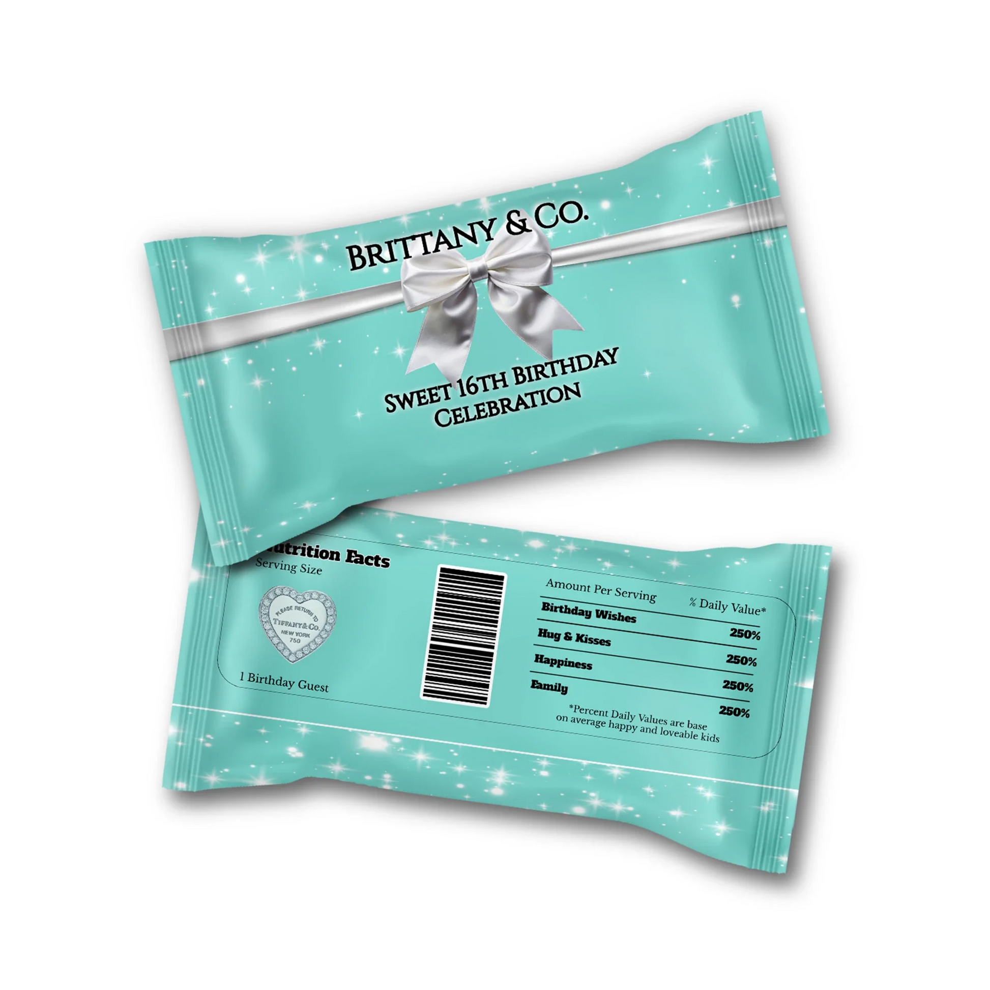 Tiffany & CO skittles label featuring classic blue branding and personalized birthday text for snack favors