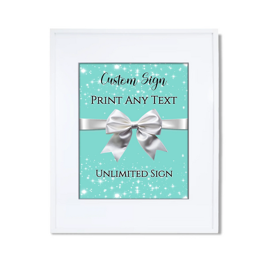 Tiffany & CO custom sign with luxury teal blue background and elegant white script for party decor