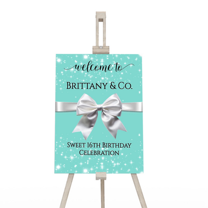 Tiffany & CO welcome sign with iconic blue and white ribbon design for a luxury event entrance display
