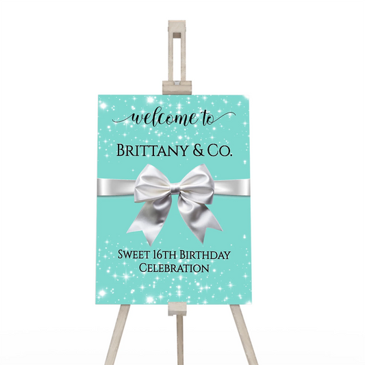 Tiffany & CO welcome sign with iconic blue and white ribbon design for a luxury event entrance display