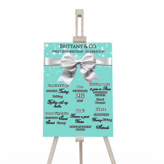 Tiffany & CO milestone poster with teal blue background and custom birthday facts in white elegant typography