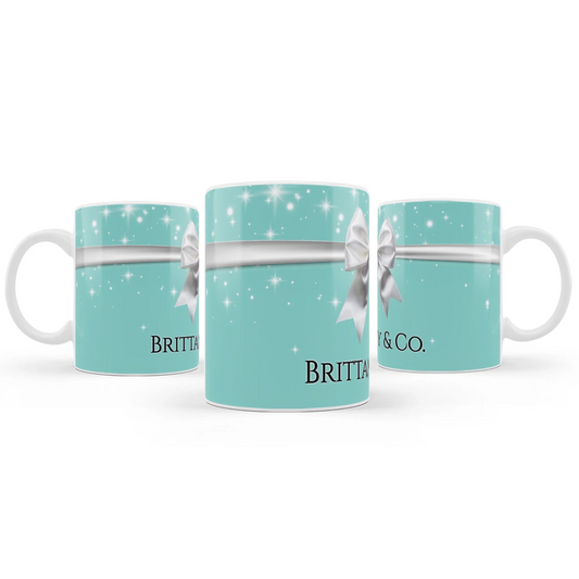 Tiffany & CO sublimation mug with classic blue box graphic and personalized name on a white ceramic surface