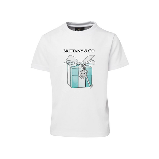 Tiffany & CO sublimation t-shirt with iconic blue gift box logo and personalized birthday text on white cotton