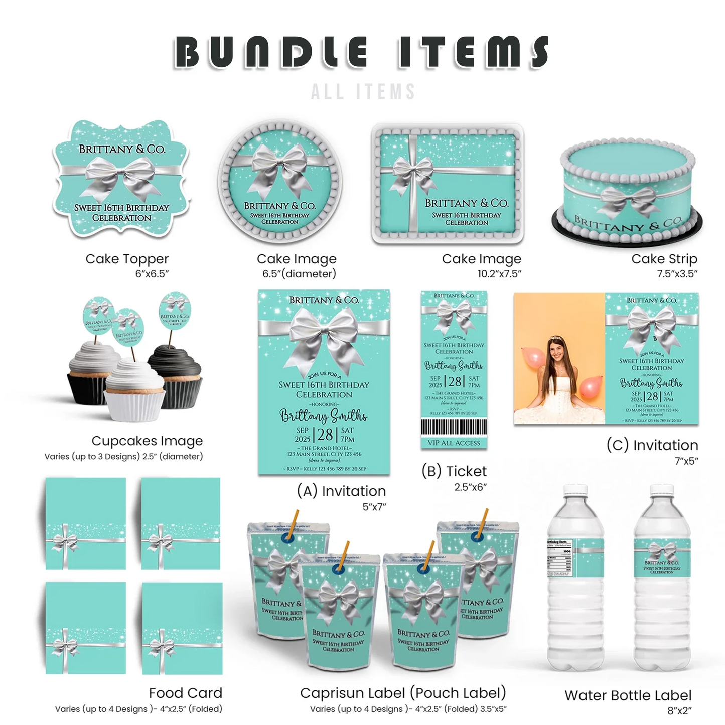 Tiffany & CO party pack bundle with iconic blue and white gift box graphics and custom text on a flat lay background