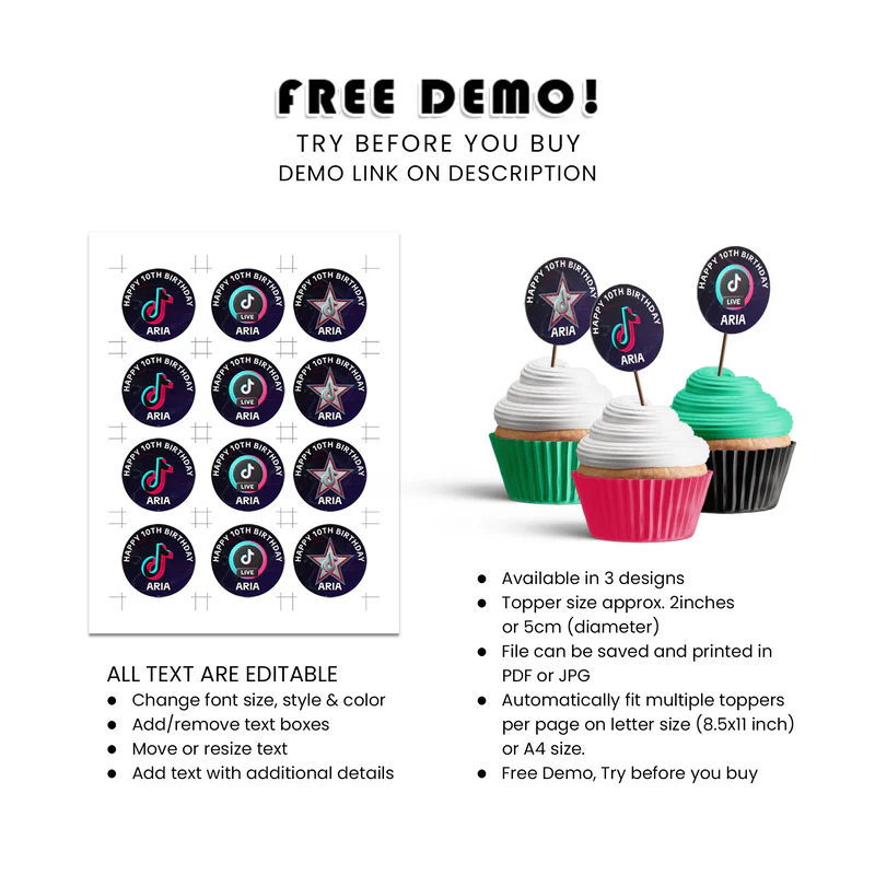 Tiktok Cupcakes Toppers Printable Cupcake Tags Edible Custom Party Topper