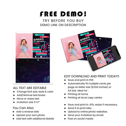 Tiktok Photo Invitations Custom Photo Card Editable Birthday Invite