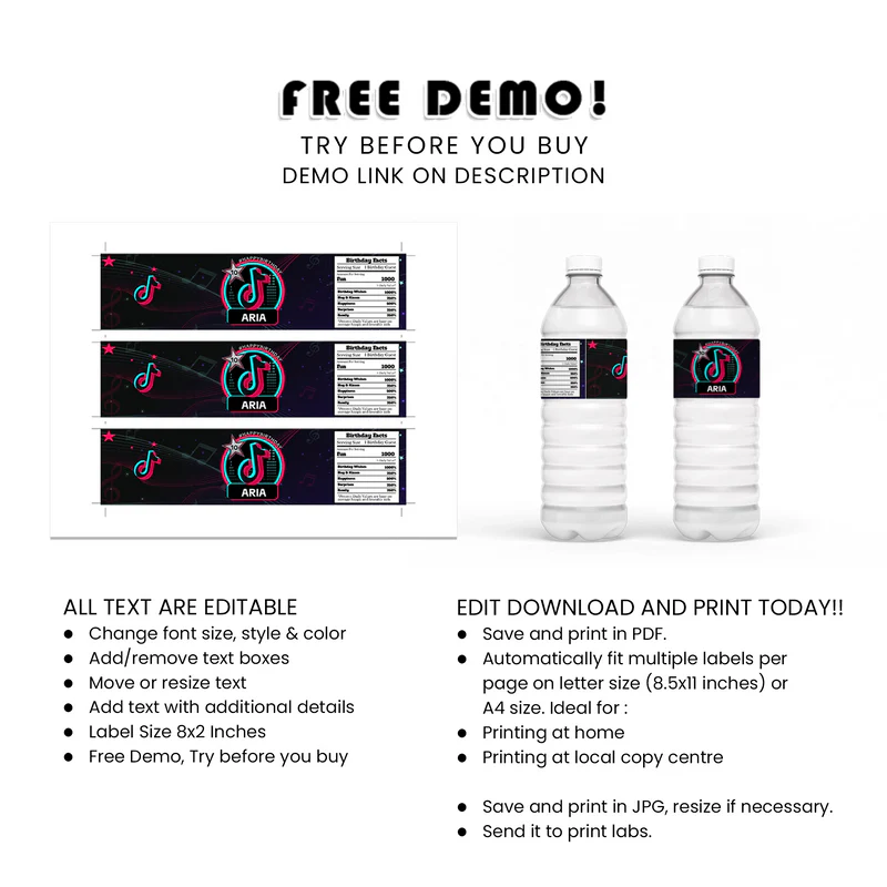 Tiktok Water Bottle Label Printable Drink Wrap Editable Birthday Label