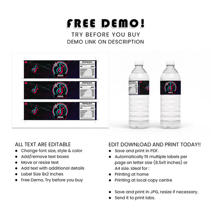 Tiktok Water Bottle Label Printable Drink Wrap Editable Birthday Label