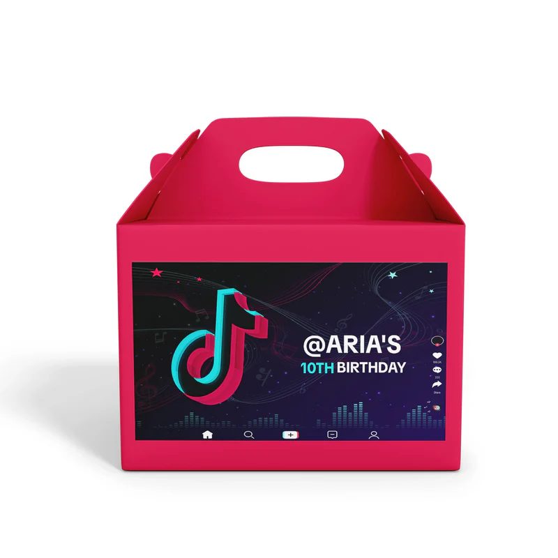 Tiktok treat box label with custom name for birthday favor boxes