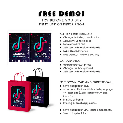 Tiktok Goodie Bag Label Editable Favor Bag Tag Printable Party Gift Label