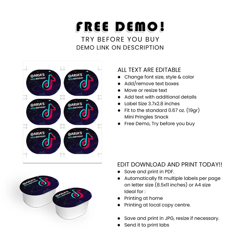 Tiktok Pringles Label Mini Editable Mini Snack Wrap Printable Chip Can Label