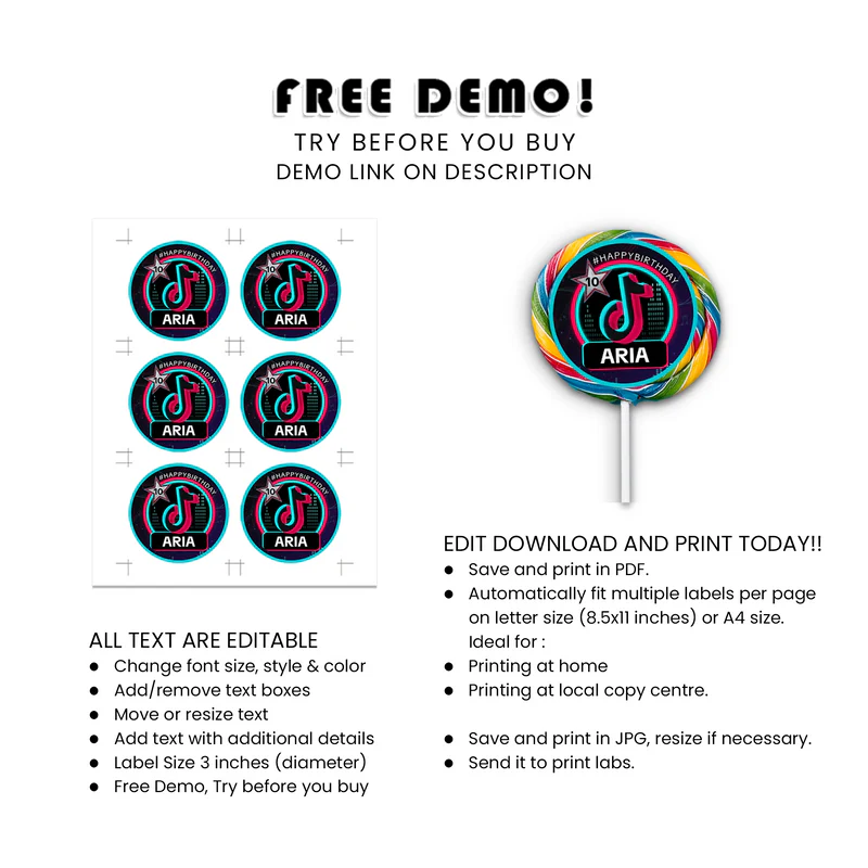 Tiktok Lollipop Label Editable Sweet Tag Printable Party Candy Label