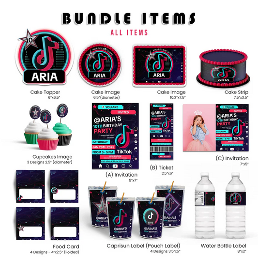 Tiktok personalized digital party pack template with matching printable decorations