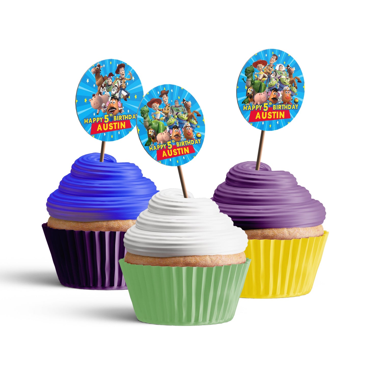 Personalized cupcake toppers with Toy Story designs