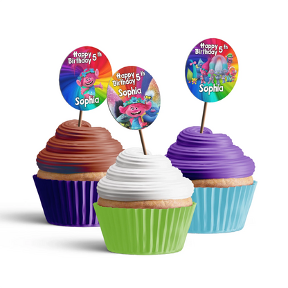 Trolls Personalized cupcake Toppers with colorful Trolls characters