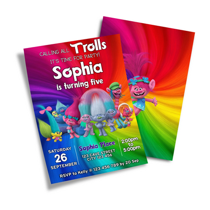 Trolls Personalized Birthday Card Invitations for Party celebrations