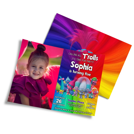 Trolls Personalized Photo Card Invitations with Custom child Photo