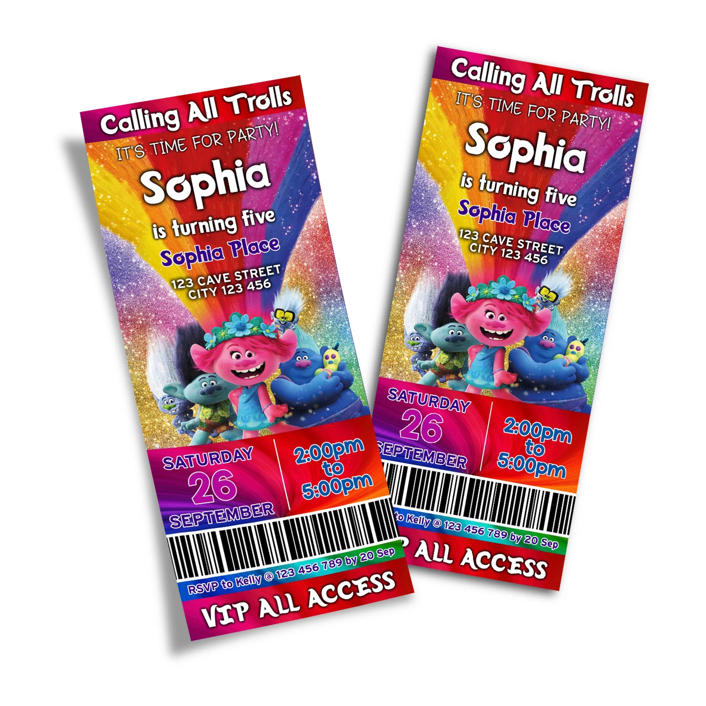 Trolls Personalized Birthday Ticket Invitations for Trolls-themed parties