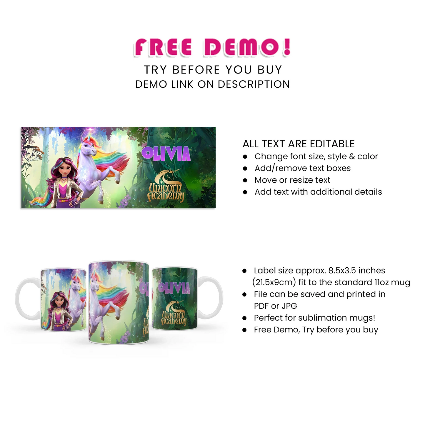 Unicorn Academy Sublimation Mug - Personalized Sublimation Mugs with Unicorn Academy Theme