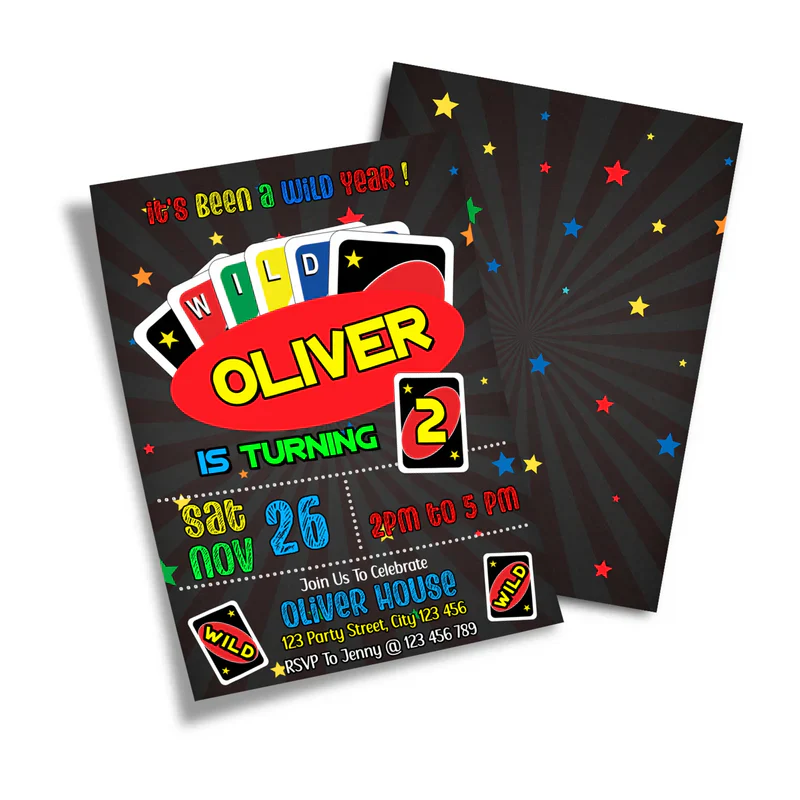 Uno birthday invitations with customizable text, red and yellow graphics on card stock, flat lay arrangement