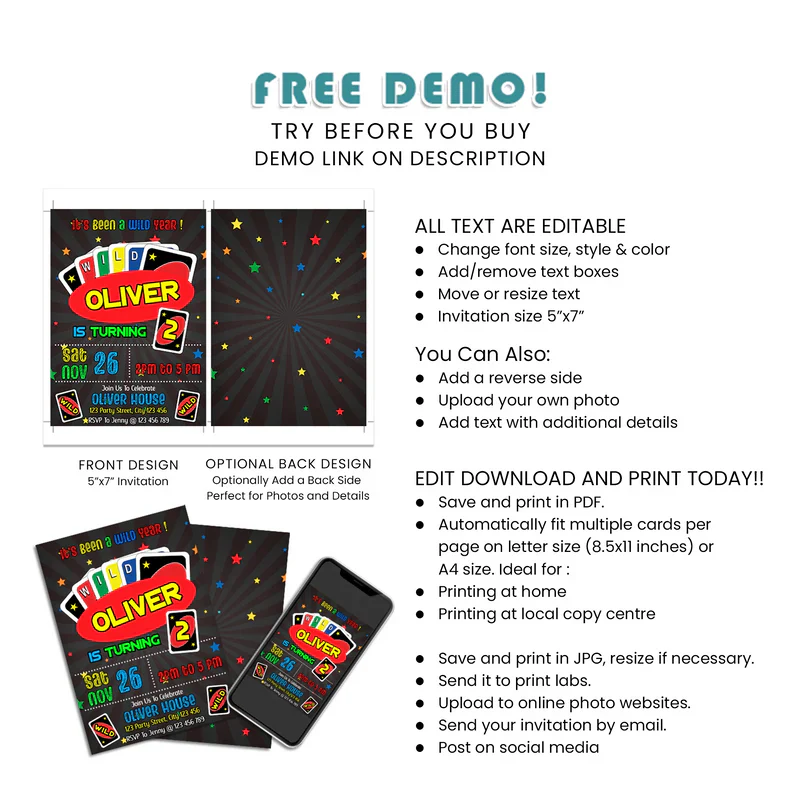Uno Birthday Invitations Editable Printable Cards