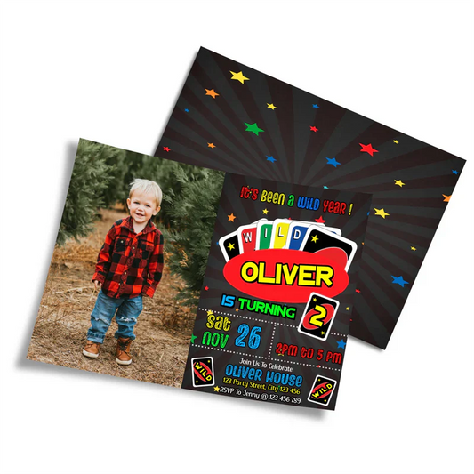 Uno photo card invitations with bright Uno border and photo space, printed and laid on white table