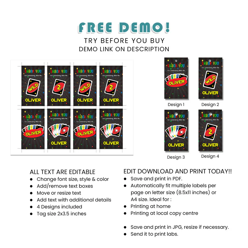 Uno Favor Tags Personalized Party Labels Printable