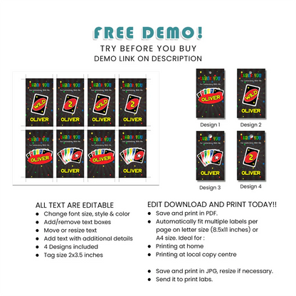 Uno Favor Tags Personalized Party Labels Printable