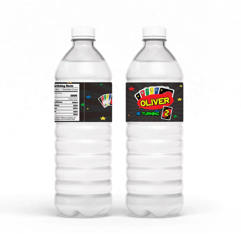 Uno water bottle labels in red and yellow tones, personalized with name and age, wrapped on clear bottle