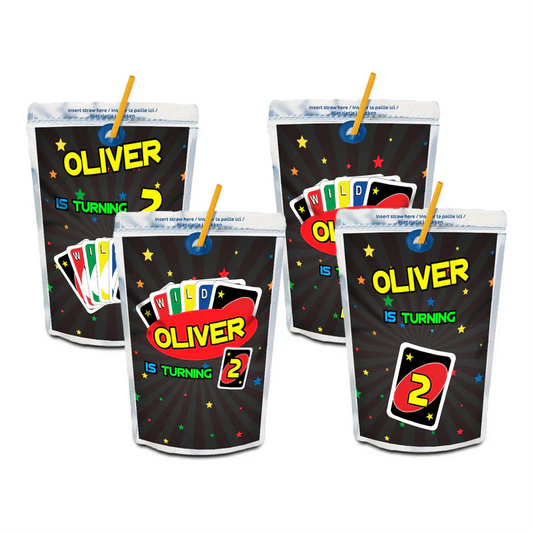 Uno juice pouch labels with personalized name, vibrant game-style graphics, applied on silver pouch