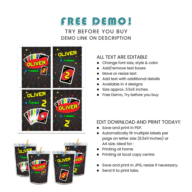 Uno Juice Pouch Labels Custom Printable Party Set
