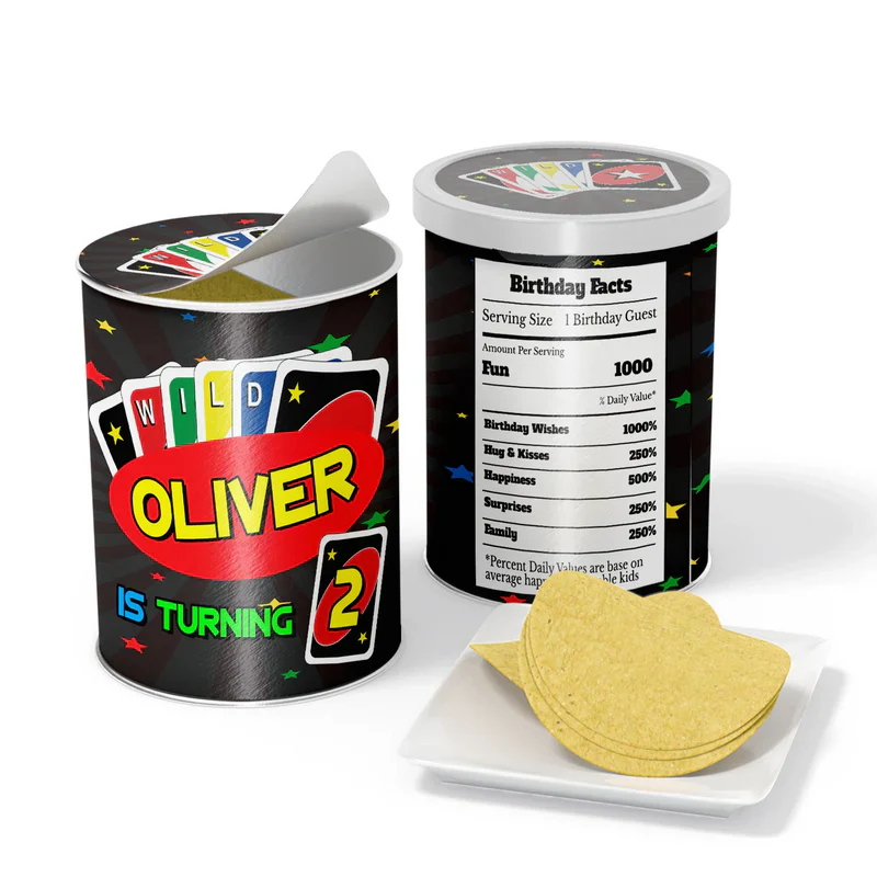 Uno small Pringles label with red and black design, wrapped around can, colorful print with editable field