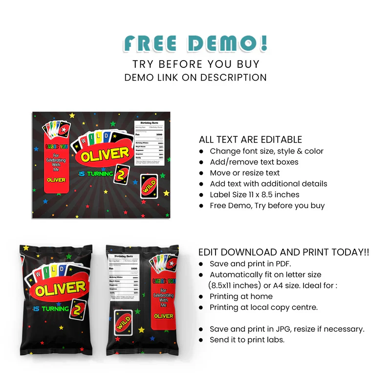Uno Chips Bag Labels Personalized Printable Wrapper